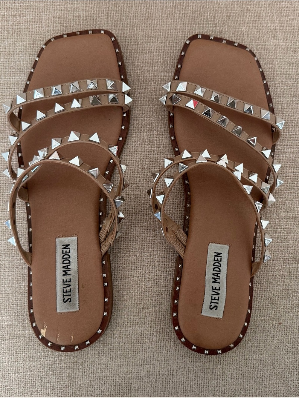 Steve Madden Tan Pyramid Stud Multi-Strap Slide Sandals